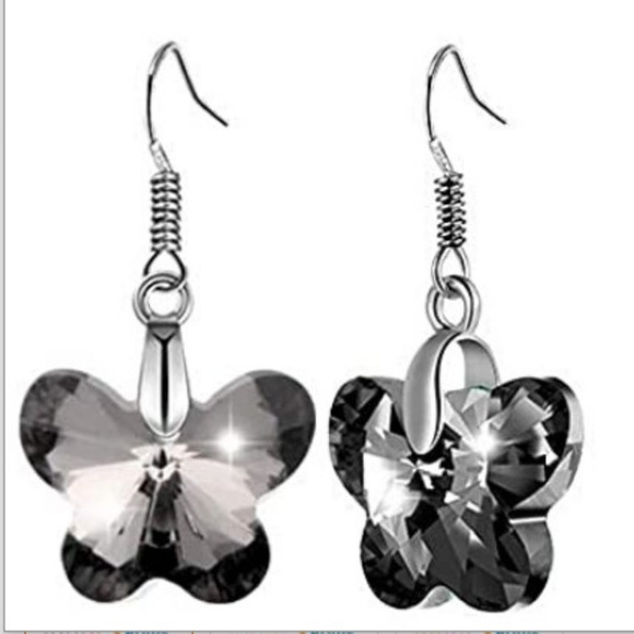 Butterfly Earrings Black  Dangle Crystal Cut Earrings Butterflies Silver Clear - Picture 1 of 8